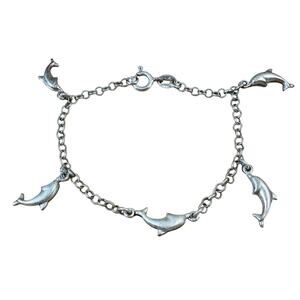 Vintage sterling Bracelet 925 Italy Dolphin Charms Dainty Size 6.5